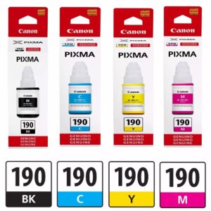 Tinta Canon GI‑190 (negra y colores) compatible con impresoras PIXMA G1100, G2100, G3100, G3110 y G4100 — ofrece alta capacidad y calidad profesional.